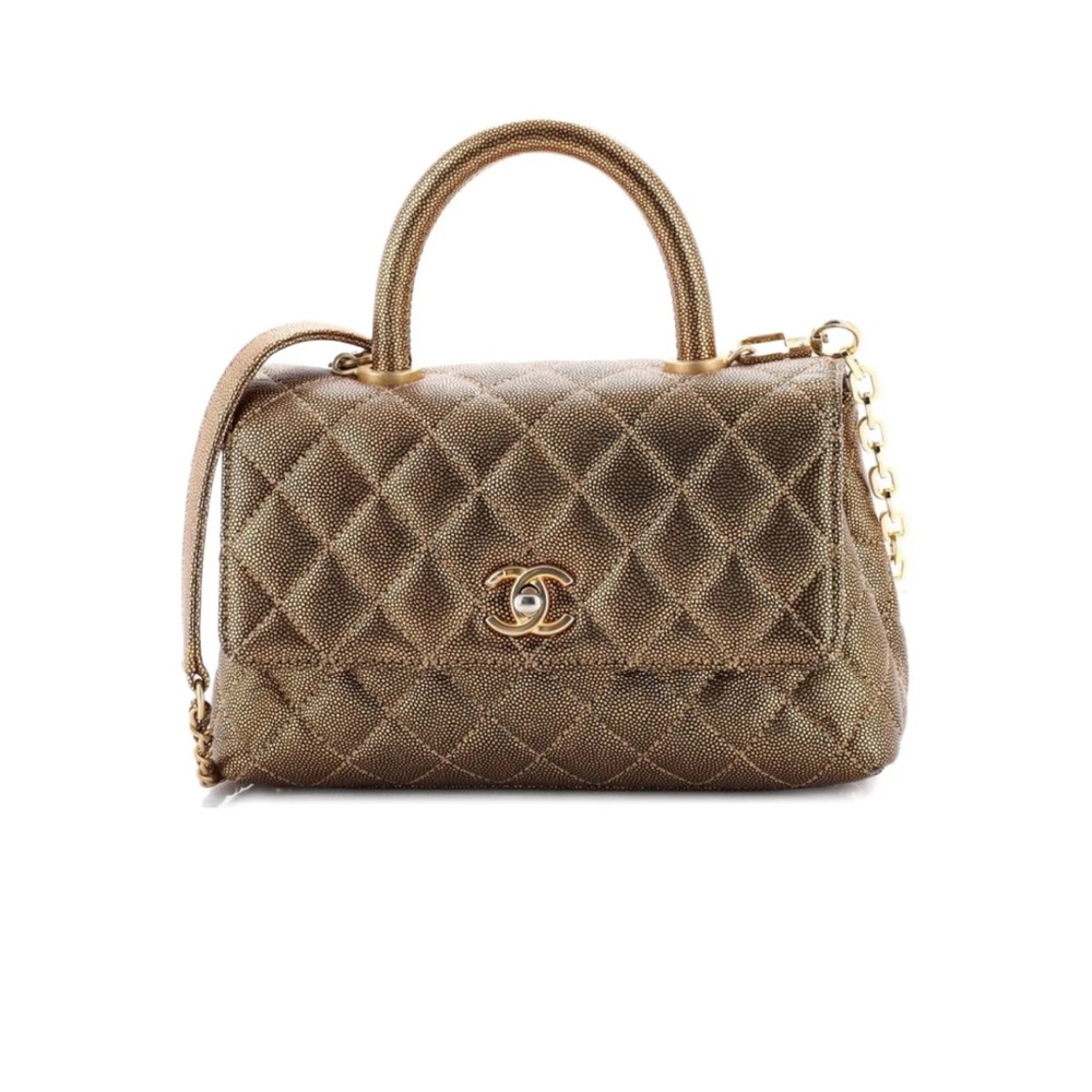CHANEL Caviar Quilted Mini Coco Top Handle Flap Bag Metallic Gold Hardware